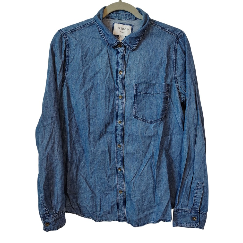 FOREVER 21 Women's Button Up Shirt‎ Top Size Large Blue Denim Long Sleeve